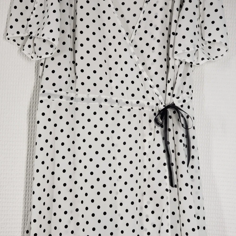 Boohoo Wrap Maxi Dress Womens 24 White Black Polka Dot Short Sleeve Romantic - Picture 15 of 16